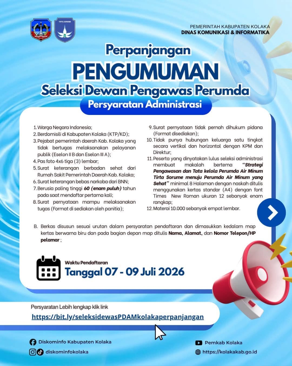 PENGUMUMAN  PERPANJANGAN SELEKSI DEWAN PENGAWAS PERUMDA‼️